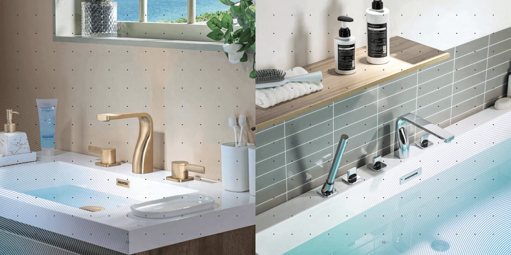 Gold curved faucet on white sink countertop