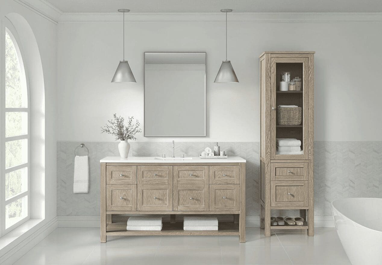Light filled bathroom with oak vanity and mirror